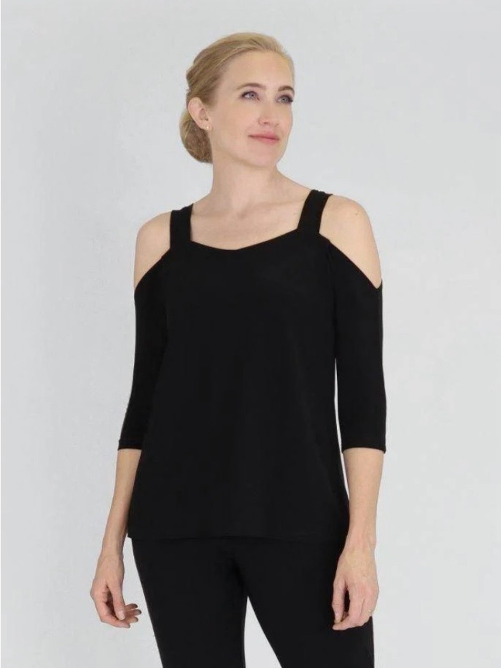 SYMPLI Black Classic Cold-Shoulder 3/4 Sleeve Top